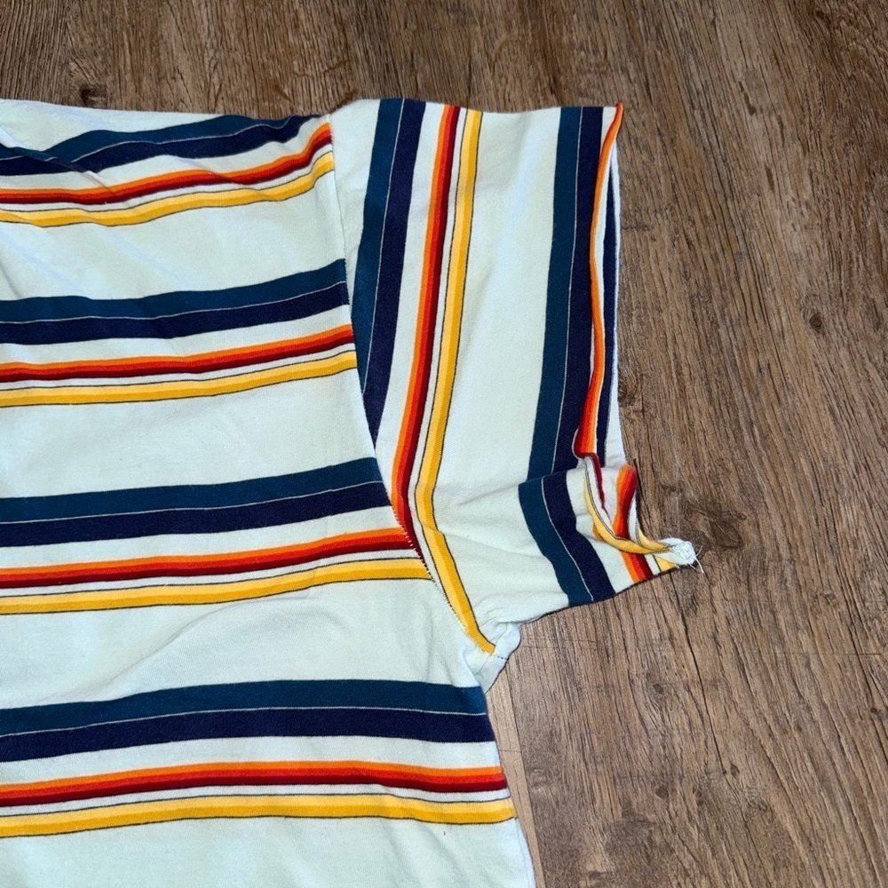 THE GREAT. Mint Striped Polo Tee with Navy, Red and Orange Stripes 1 - Picture 9 of 12